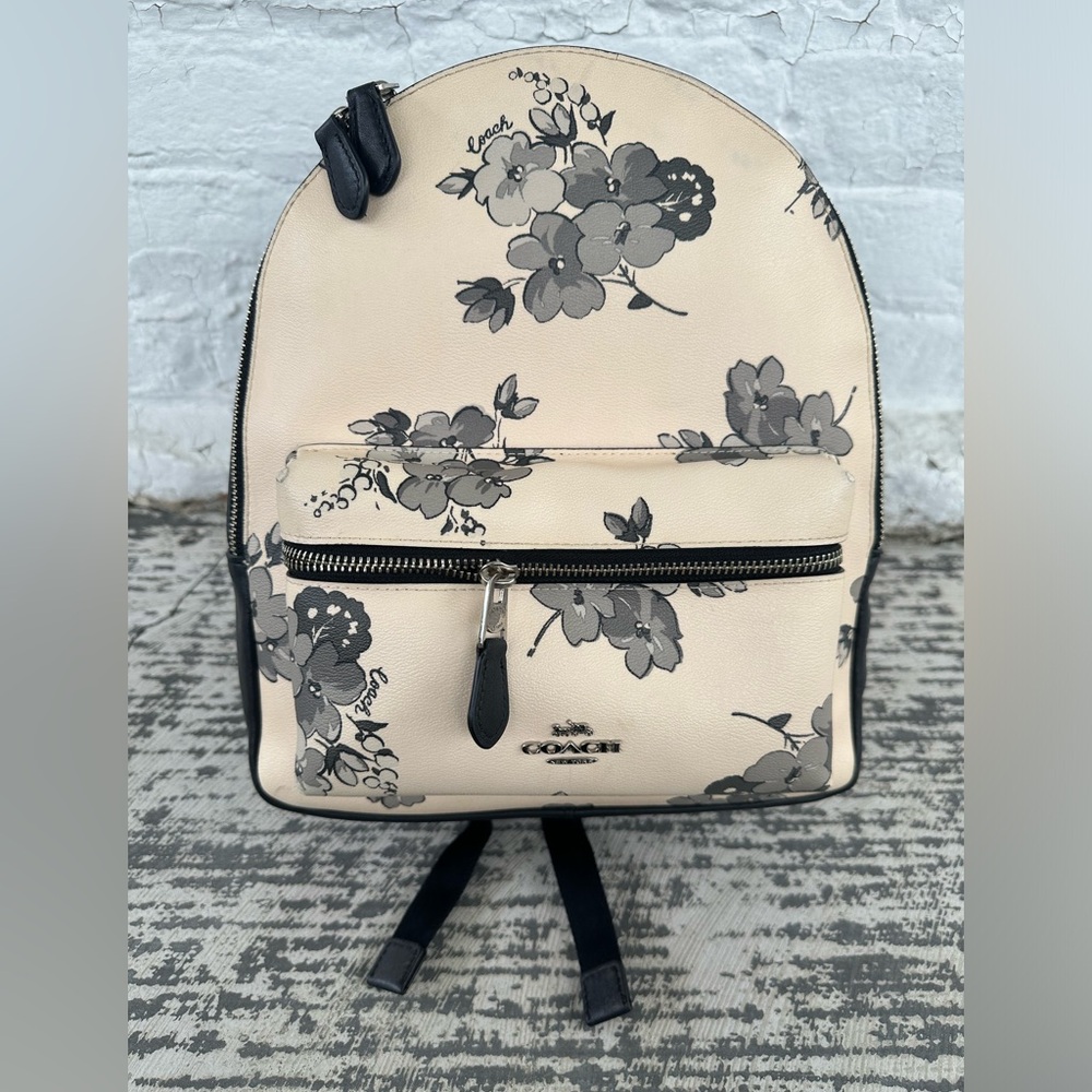 COACH Charlie Leather Backpack Black White Flowers Floral Silver Zip F75917 Rare